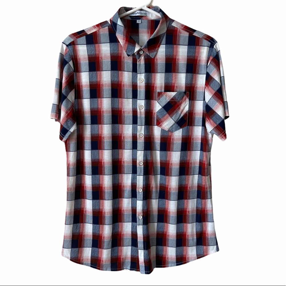 Men’s Button Up Red Blue Plaid S/S Shirt, Size 52